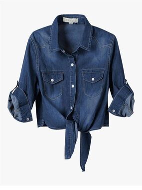 Women's Tie-Front Denim Button-Down Shirt - Blue